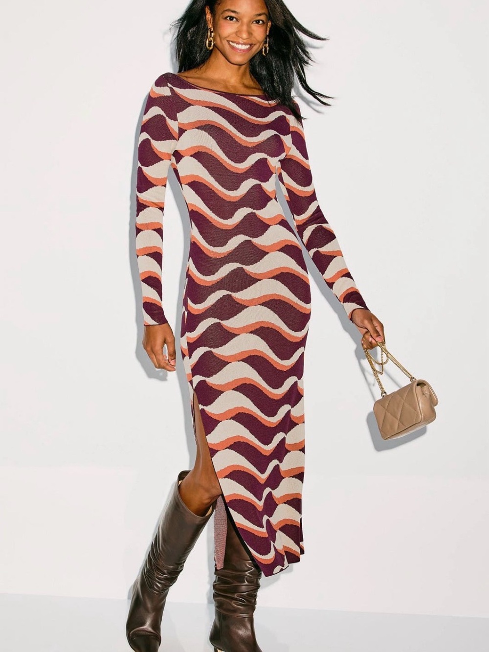 Misa Los Angeles Burgundy and Cream Wavy Stripe Long Sleeve Midi Dress